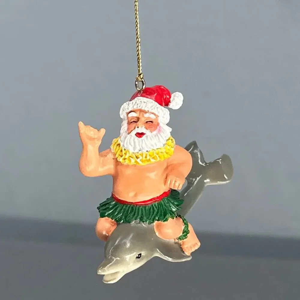 VTG 1991 Hallmark Quinn Surfing Dolphin & Fishing Santa Ornaments Lot 2 Kitschy